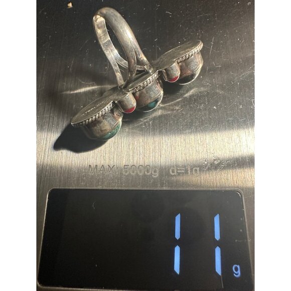 VTG Sterling Silver Red Coral Turquoise Ring - Picture 7 of 7